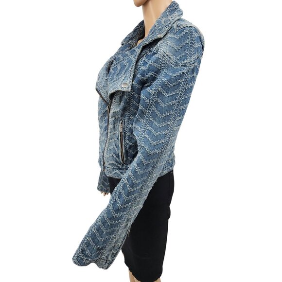 Free People Women' Punched Denim Moto Jacket Size 10 Herringbone Blue Jean Biker - Picture 3 of 12